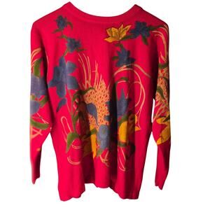 Vintage 80s Whimsigoth Floral Knit Sweater Bold Red Cottagecore Grandmacore XL